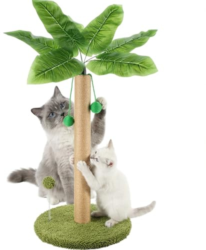 Daisy & Max Tall Cat Scratching Post Tree 60cm – Sisal Scratch Pole with Palm Leaves & Hanging Ball - Stable Indoor Cat Scratcher with Plush Base for Kitten & Adult Cats Toys - Non Slip