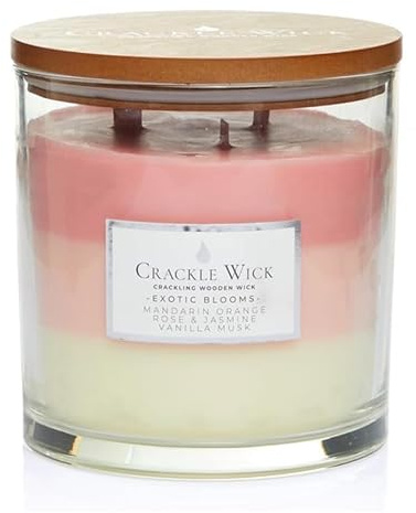 Crackle Wick Exotic Blooms Scented Candle Jar, Crackling Wooden Wick, Mandarin Orange Rose Jasmine Vanilla Musk, 1.2kg