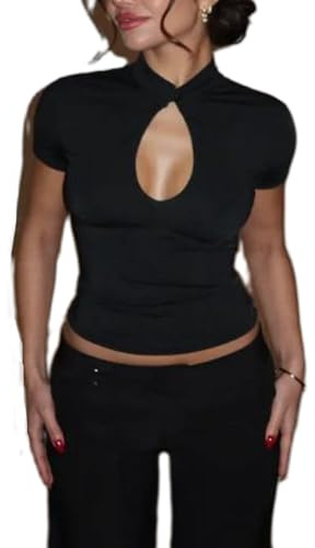 Womens Sexy Short Sleeve Cutout Crop Cheongsam Tops Scoop Neck Fitted Plain T-Shirt Tee Going Out Casual Date Night Tops