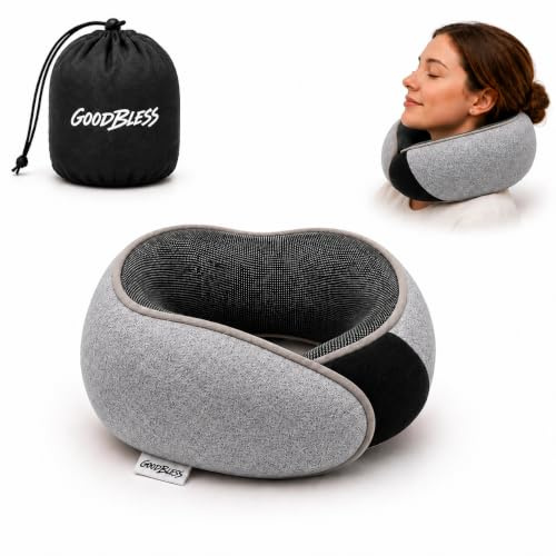 Goodbless Nackenkissen mit 360 Grad Kinnstütze, Reisekissen aus Memory Foam | Nackenstützkissen für Flugzeug, Auto, Zug und Büro, ergonomisch, verstellbar per Klettverschluss, 300 g, mit Tasche