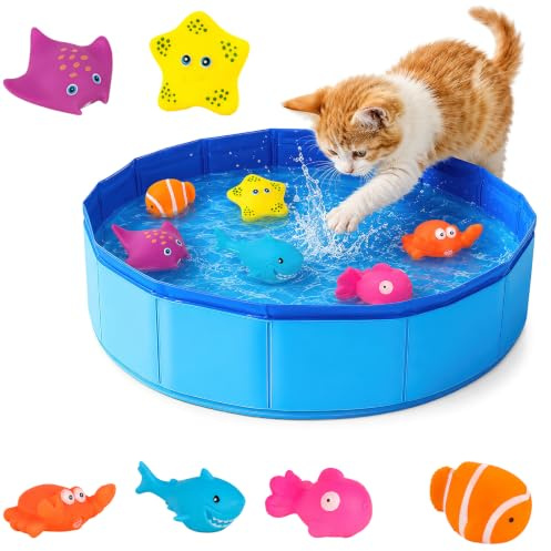 SilverChry Katzen Pool, 50x10cm Faltbare Katzenpool, Wassermatte Katze mit 6 Schwimmspielzeug - Katzen & kleine Hunde, Ideal zum Spielen, Planschen und Abkühlen im Sommer