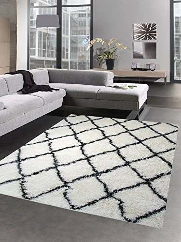 CARPETIA Shaggy Teppich Wohnzimmerteppich Hochflor Langflor Rauten Creme schwarz Größe 80x150 cm