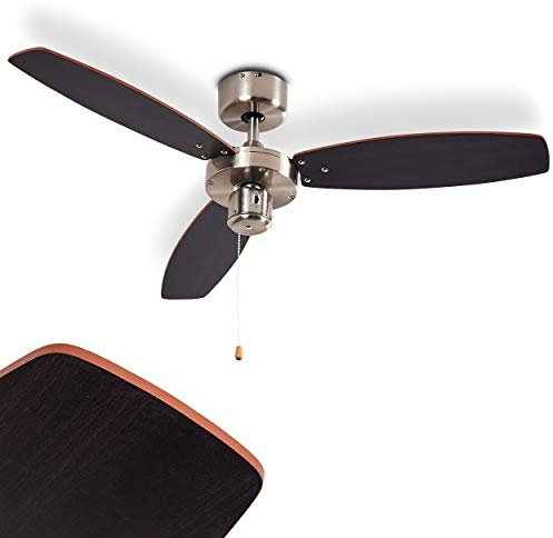 Deckenventilator Fossa aus Metall/Holz in Nickel-matt/Silber oder Braun, Ventilator mit 2 Zugschnuren u. wendbaren Rotorblättern, in 3 Stufen schaltbar, Ø 98 cm, geeignet für Sommer u. Winter