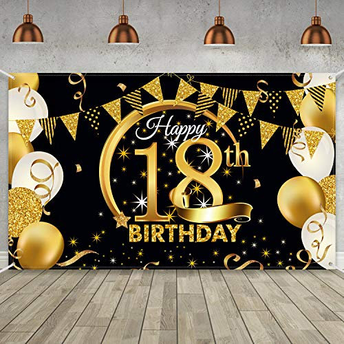 Birthday Party Decoration Extra Large Fabric Black Gold Sign Poster for Anniversary Photo Booth Backdrop Background Banner, Birthday Party Supplies, 72.8 x 43.3 Inch (18th)