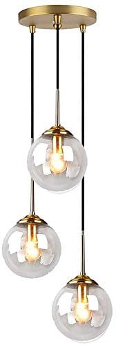 LFsem Industrial Retro 3 Luces Lampara techo de Bola de Vidrio Lámpara colgante Accesorios de latón Lamparas de techo E27 Lámpara de araña para sala de estar (3 luces, transparente)