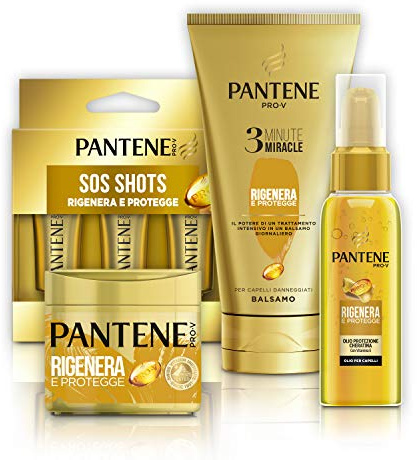 Pantene Gold-Set: Balsam 3 Minuten Miracle regeneriert & schützt (4 x 150 ml), Keratin-Schutzmaske regeneriert & schützt (4 x 300 ml), Ampullen Sos Shots (6 x 15 ml), Öl regeneriert & schützt (2 x 100