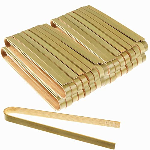100 PCS Mini Bamboo Tongs 4 Inch Disposable Small Wooden Toaster Tongs Large Cooking Utensils Catering Buffet Long Toast Tong for Toasts Bread Pickles Tea Home Use