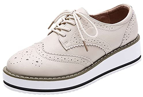 ANUFER Mujer con Cordones Brogues Zapatos Deportivos Casual Plataforma Creepers Beige Mate SN02887 EU38.5