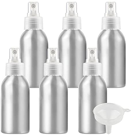 ZEOABSY Pack of 6 Empty 100ml Silver Aluminium Spray Bottle Refillable Aluminum Bottles with Clear Fine Mist Sprayer Metal Spray Bottles for Perfume Hair Garden Travel, Funnel