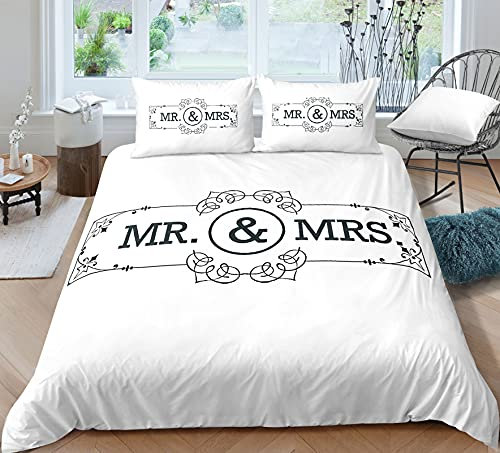 Schwarz Weiß Mr & Mrs Bettwäsche Set 1/2 Person Romantische Briefpärchen Bettbezug Set Mit Reißverschluss Schnurrbart Rote Lippen Druck Polyester Tagesdecken Kissenbezug (Stil 6, King 3Pcs)