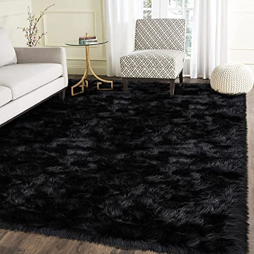Latepis Hochflorteppich, Kunstfell, Schaffellimitat, flauschig, fusselig, waschbar, für Wohnzimmer, Schlafzimmer, Wohnheim, Raumdekoration, rechteckig, 183 x 274 cm, Schwarz