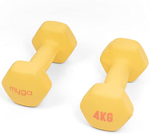 MYGA Hex Dumbbells - Pair of Neoprene & Cast Iron Hexagonal Dumbbell Hand Weights for Women and Men at Home & Gym - Weight: 4 kg