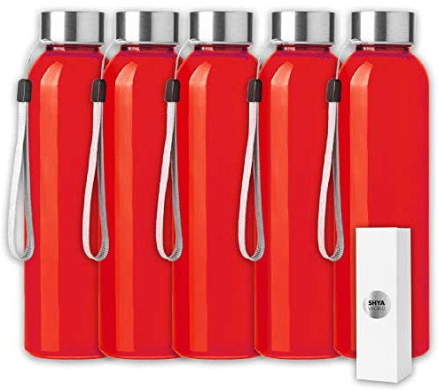 ShyaWorld Bouteille en verre pour eau avec cordon de 500 ml de finition transparente Bouchon à vis en acier inoxydable - Boîtes individuelles par bouteille (rouge)