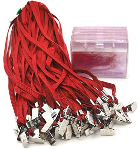 50 Stück Namensschilder mit Schlüsselband-Ausweishalter Horizontal wasserdichter Kunststoff-Ausweishalter Lanyards Namensschilder (Rot)