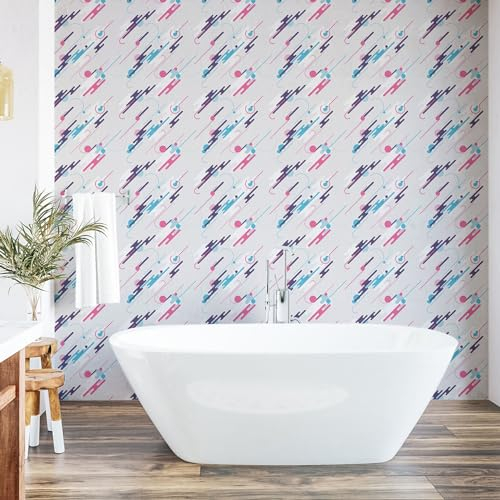ABAKUHAUS Retro Peel & Stick Wallpaper for Home, Eighties Style Abstract Futuristic Shapes Minimalistic and Spotty, Self-Adhesive Living Room Kitchen Accent, 33 cm x 250 cm, Pale Blue Plum Pink