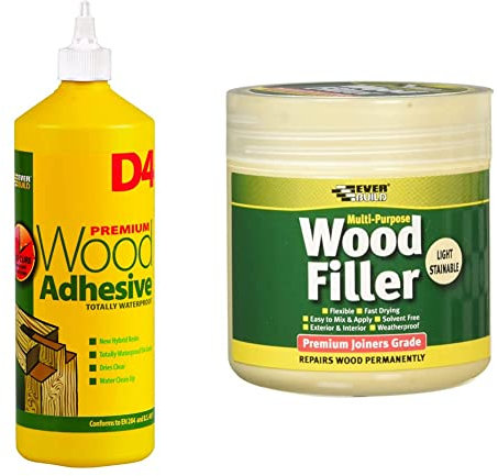 Everbuild D4 Premium Wood Adhesive | White - 1 Litre & EVBMPWFLS250 Multi-Purpose Wood Filler, Light Stainable, 250 ml