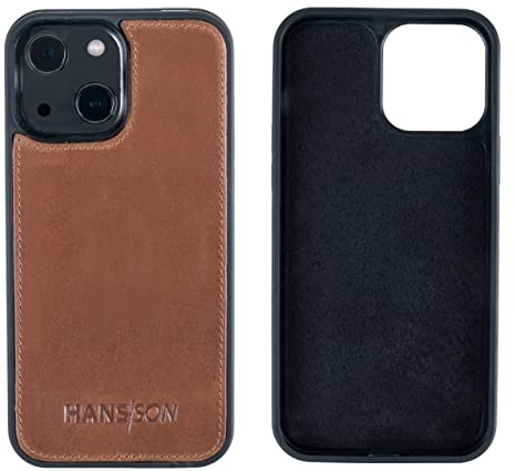 HANS/SON Handyhülle aus Echtleder | iPhone 13 Ledercase | Stoßfest | Dünn | MagSafe | Schutzhülle iPhone 13 in Cognac
