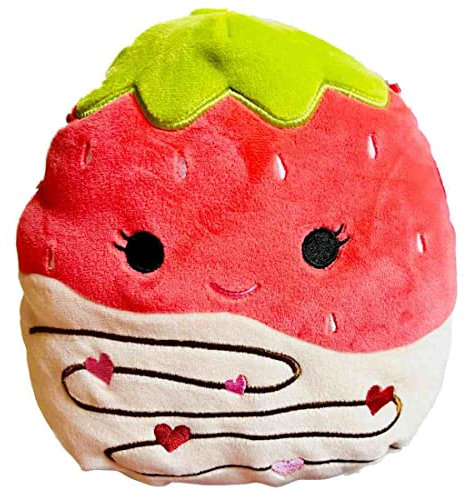 Squishmallows Peluche de fresa bañada en chocolate blanco escarlata de 8 pulgadas con corazones en el vientre, únete al escuadrón del día de San Valentín 2023