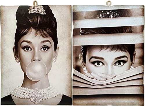 KUSTOM ART Set mit 2 Bildern, Vintage-Stil, berühmte Schauspieler, Audrey Hepburn, Druck auf Holz, 10 x 15 cm