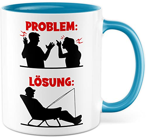 Angler Tasse Fischer Kaffeetasse Angeln Geschenk lustig Fischen Geschenkidee Witz Teetasse (Weiß & Blau)