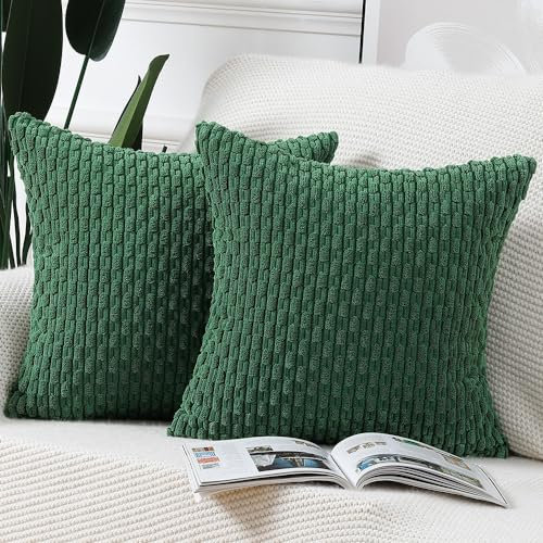 Madizz 2er Set Boho Gestreifte Kissenbezüge Weicher Kord Dekorativer Kissenbezug für Schlafzimmer Sofa Kissenhülle Grün 65 x 65 cm