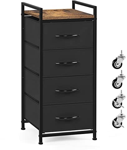UOMIO Kommode mit Rollen für Schlafzimmer, Stoffkommode mit 4 Schubladen, Holzplatte und Stahlrahmen, Organizer-Einheit für Schrank, Wohnzimmer, Flur (Schwarz)