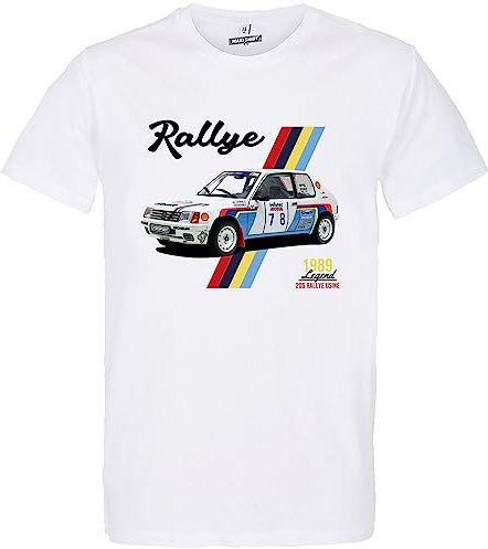 T-Shirt Blanc Homme Voiture Vintage 205 Rallye | 100% Coton, Coupe régulière | idée Cadeau Fan Course Automobile (as4, Alpha, x_l, Regular, Regular)