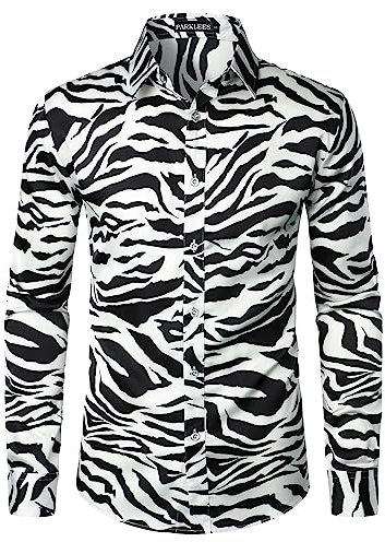 PARKLEES Men's Hipster Zebra Printed Slim Fit Long Sleeve Button Up Satin Dress Shirts for Party Prom PZLCL36-109-Black White M