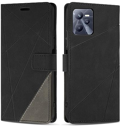 SONWO Hülle für Realme C35, Premium PU Leder Handyhülle Flip Case Wallet Silikon Schutzhülle Klapphülle für Realme C35, Schwarz