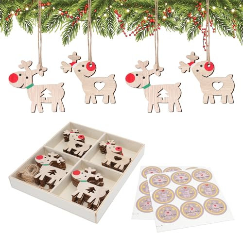 FINDIR 24 Stück Holz Weihnachtsdeko Anhänger Weihnachtsdekoration Hirsch Weihnachtsanhänger Rentier Holz Deko Anhänger Holz Weihnachten Holz Weihnachtsanhänger mit 18 Frohe Weihnachten Aufkleber