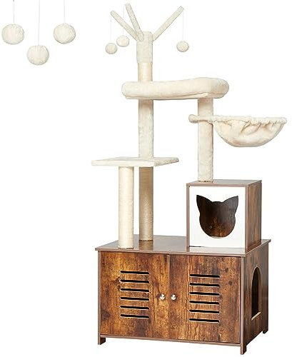 GAOMON 2-in-1 Cat Tree Tower,Cat Tree with Litter Box Enclosure, Scratching Posts, Litter Box Enclosure Furniture Cat Condo House with Cat Hammock