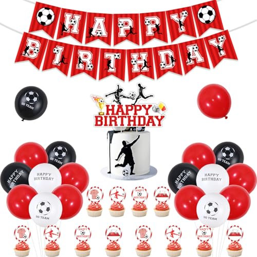 Fußball Geburtstag Dekorationen Rot und Weiß, Fußball Happy Birthday Banner, Fußball Thema Kuchen Cupcake Topper, Rot Schwarz Luftballons Fußball Folienballon für Jungen 5th 7th 8th 11th 13th Jahre