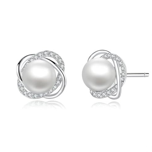 Ankbrats 925 Sterling Silber Hypoallergene Kleeblatt Ohrringe Stecker Mit Cubic Zirkonia - Modische Elegante Süßwasserperlen Geschenk für Frauen Mädchen