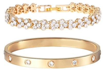 TOFBS Set Bracciale Donna Argento con Zirconi Regolabile Oro Braccialetto Rigido Catena Braccialetti Elegante Set Bracciali per Compleanno Donna Regalo Oro