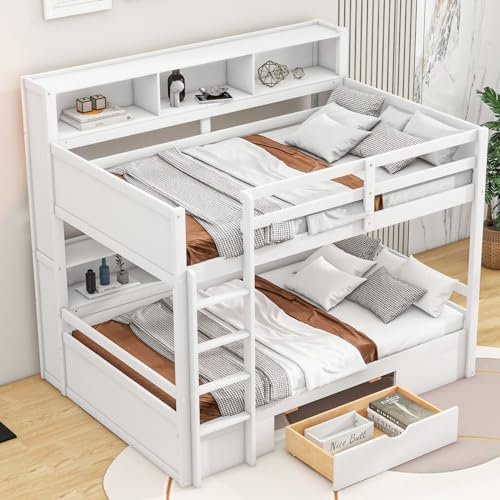 KOMHTOM Superposé Lit d'enfant avec Tiroir et Rangements 90x200cm Lit en Bois avec Clôture de Sécurité, Cadre de lit, Sommier à Lattes(sans Matelas) (Blanc)