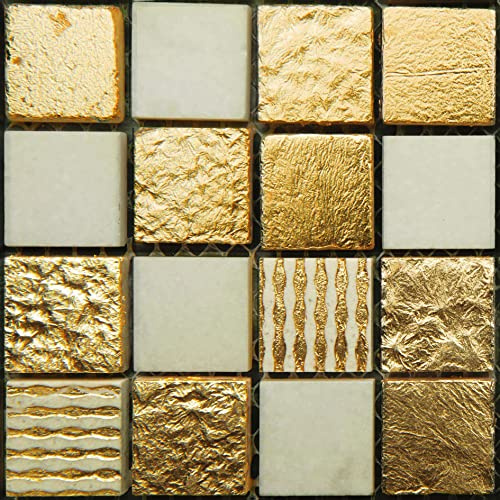 Fliesenaufkleber Goldenes Mosaik Selbstklebende Klebefliesen, Wandfliesen Aufkleber,Wasserdicht Fliesensticker Fur Kuche Badezimmer Dekorative Stickerfliesen,Wohnzimmer Dekoration10X10Cm