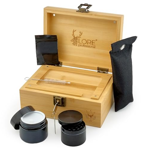 LORE Smoke Kit Stash Bambusbox als Geschenkbox für Raucher, mit Schloss Inkl. Grinder, Tablett, luftdichte Glasdose und Aktivkohlebeutel zur Geruchsminderung