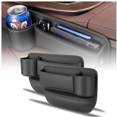 2 Pieces Car Leather Cup Holder Gap Bag, Seat Gap Storage Box, Adjustable Car Seat Storage Box, Leather Cup Holder Gap Bag with Cup Holder for Phones Glasses Keys Cards (Black)