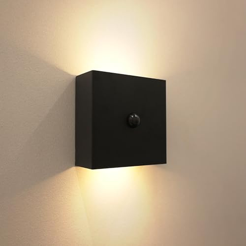 Auraglow Rechargeable Motion Sensor Wall Light Black, Magnetic, 1 Pack | USB C indoor PIR night lamp, warm glow up down beams, stick on stairs, hallway, bedroom, 900 uses per charge