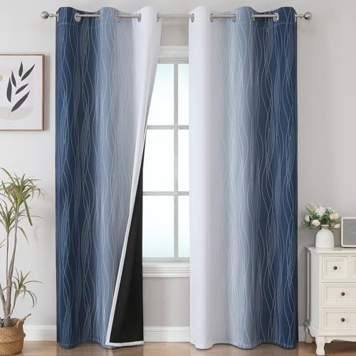VEHEDE Ombre Farbverlauf Schallschutz Blickdichte Vorhänge Wohnzimmer, Verdunklungsvorhänge, Thermovorhang Kälteschutz Gardinen mit Ösen Schlafzimmer, H 214 x B 107 cm, Dunkelblau und Weiß, 2er Set