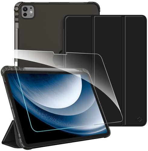 FINTIE Coque pour iPad Pro 11 Pouces M5/M4 (2025/2024) - [1 Verre Trempé & Rangement de Stylet] Coque Translucide Givrée, Étui Fin Léger, Housse Arrière Souple en TPU, Noir