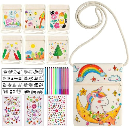 6 Stück Stoffbeutel zum Bemalen für Kinder, DIY Kinder Umhängegeldbeutel, Kleine Schultertaschen mit 12 Buntstift, 4 DIY Malschablonen, 3 Diamant Aufkleber Brustbeutel für Schule Party Feier Geschenk