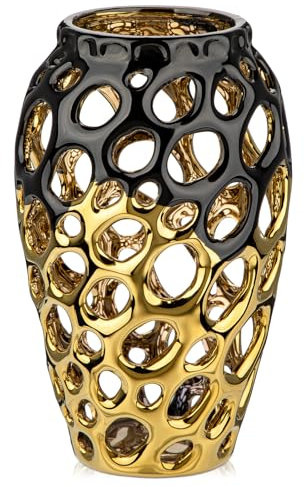 Keramik Hohlvase Vasen für pampasgras Gold Keramikvase Dekorative Moderne Vase Hohle Blumenvasen Rustikales Antikes Dekor für Bücherregal, Kaminsims, Idee Regal,Tisch, Gold-Schwarz