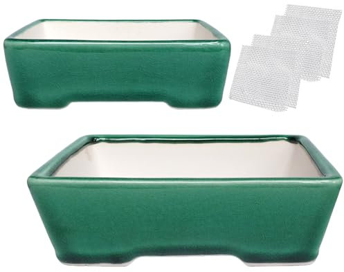 Zisha - Set di 2 vasi per bonsai in argilla bianca, smaltati, per piante grasse, colore: Verde
