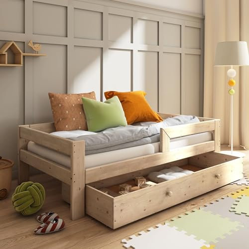 Need Sleep Kinderbett Jugendbett 80x160 cm mit Schublade Bettkasten Rausfallschutz Lattenrost Massivholz (90x200 cm)