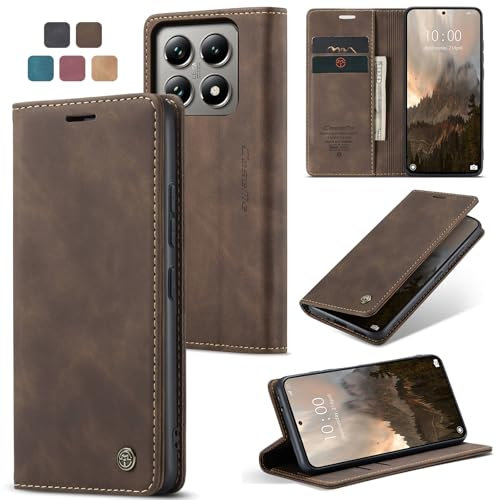 owlhold hülle Xiaomi 14T Pro klapphülle Premium Lederhülle Weiches Vintage-Nubukleder Faltbare Ständer Schutzhülle Kartenfach Standfunktion stoßfest Handyhülle Xiaomi 14T Pro -Kaffee