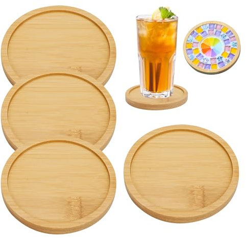 Lot de 4 sous-Verres en Bambou Dessous de Verre Rond Réutilisables sous Tasse a Cafe sous Tassede Table Déco pour Café ou BièRe Tasses, Tasse à Thé, Boissons, Plantes, 9,5 cm