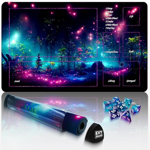 Extalas MTG Playmat TCG Playmat – Inklusive Aufbewahrungsröhre und 7 Würfel-Erlebnis-Qualität und Kantenverriegelung, wasserdichte und rutschfeste Matte! (Spielmatte mit Zonen, lila Fluoreszenz2)