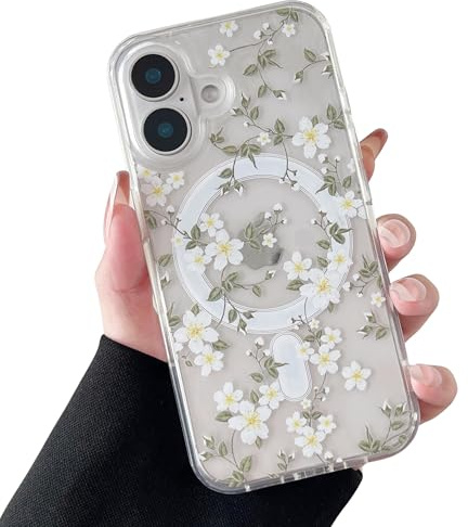 ZTOFERA kompatibel mit MagSafe,für iPhone 16 Hülle Blumen,Weiße Blume | Transparente, Weicher TPU-Rahmen,stoßfest und schützend,leicht abnehmbar