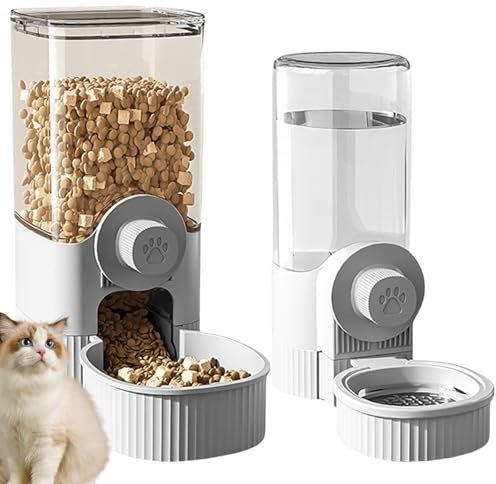 Automatischer Futterspender, Futterautomat Katze 520ML Schwerkraft Wasserspender und 1.2L Futterautomat Katze & Hund für Nass-/Trockenfutter, für kleine, mittelgroße Haustiere (Grau)